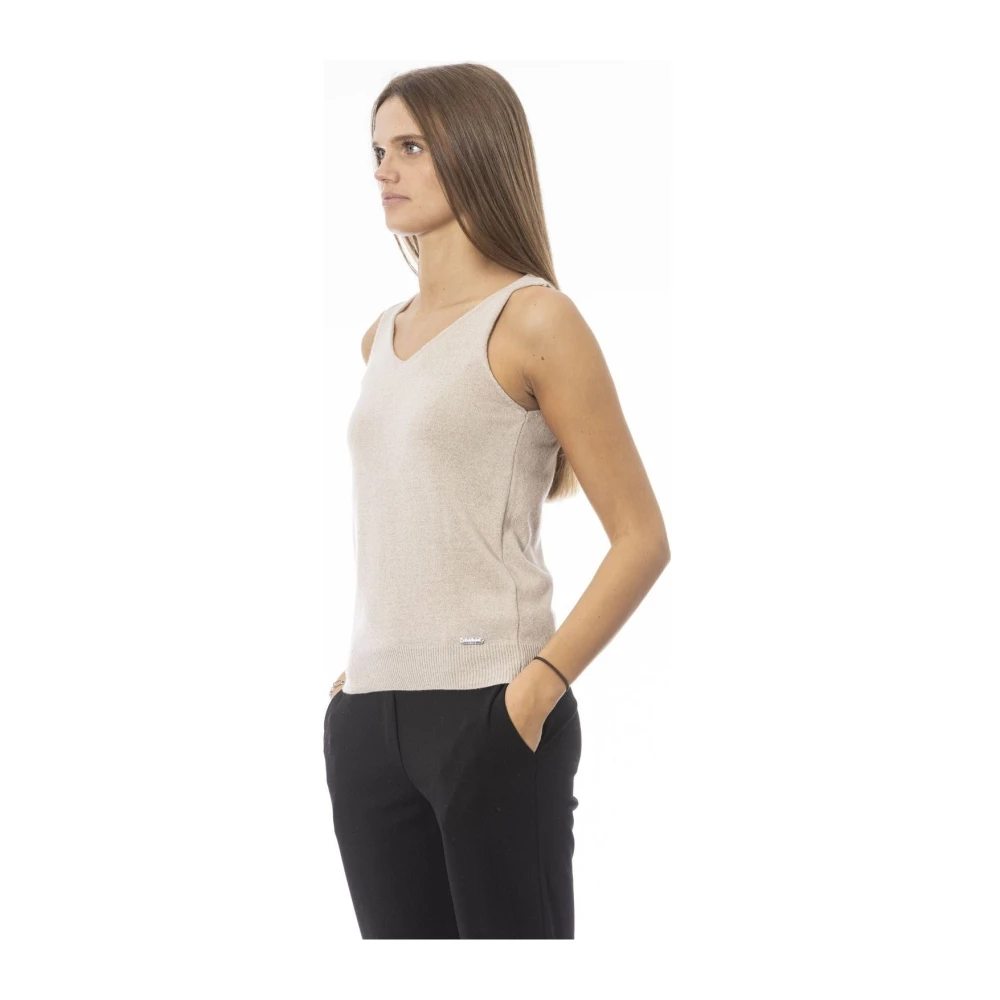 Baldinini Geribbelde tanktop met metalen monogram Beige Dames