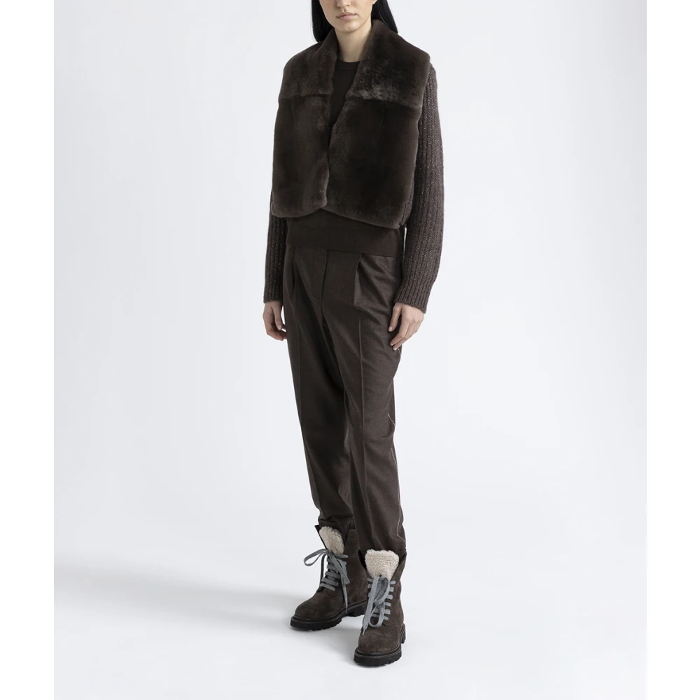PESERICO Gebreid jack met bontafwerking Brown Dames