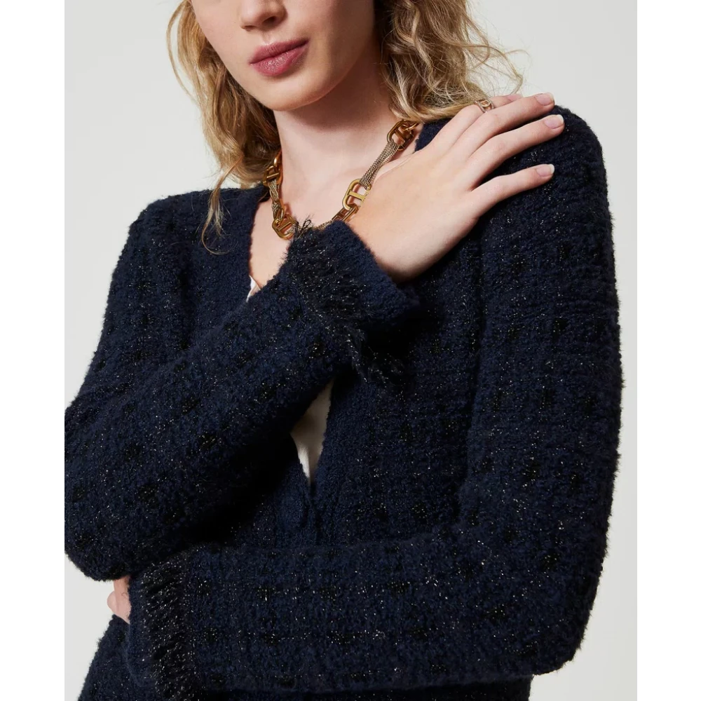 Twinset Jacquard Check Cardi-Coat met Franjes Blue Dames