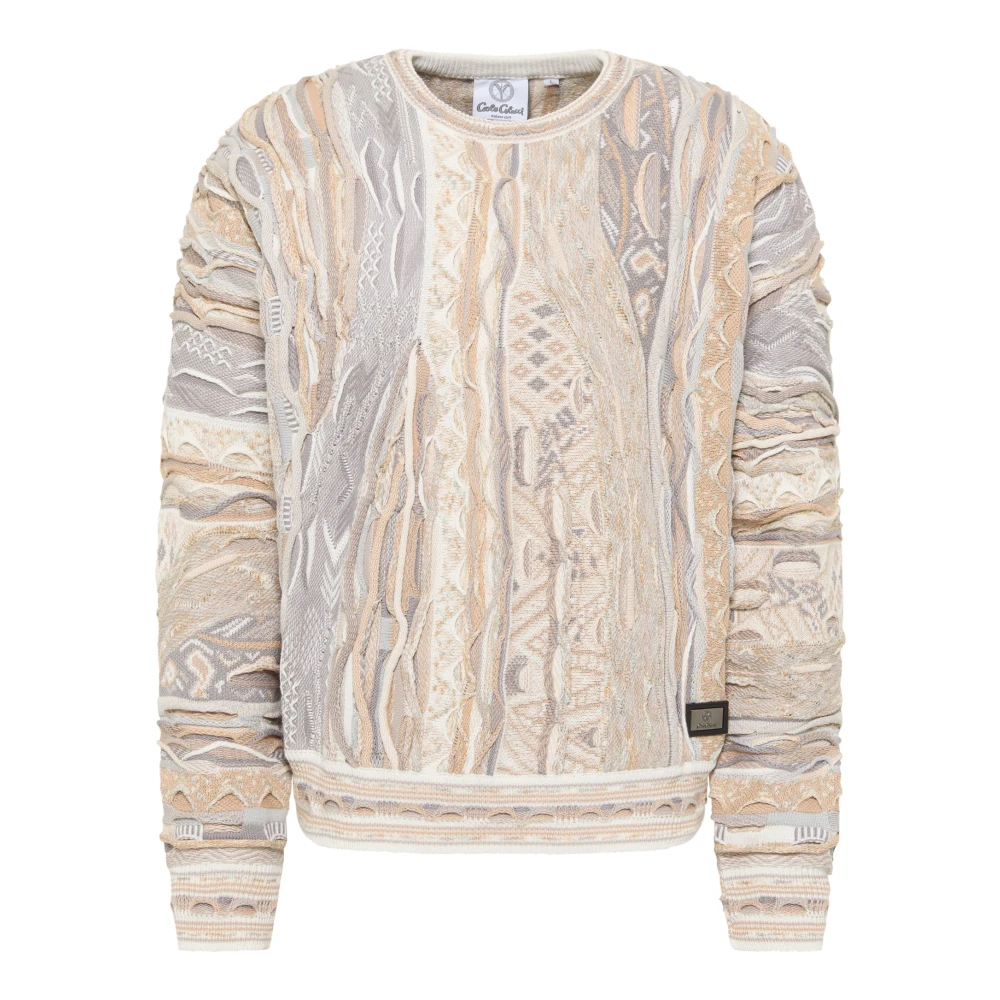 Carlo Colucci Men's Beige Round-Neck Knitwear, M, Knit Jumper With Striking Pattern