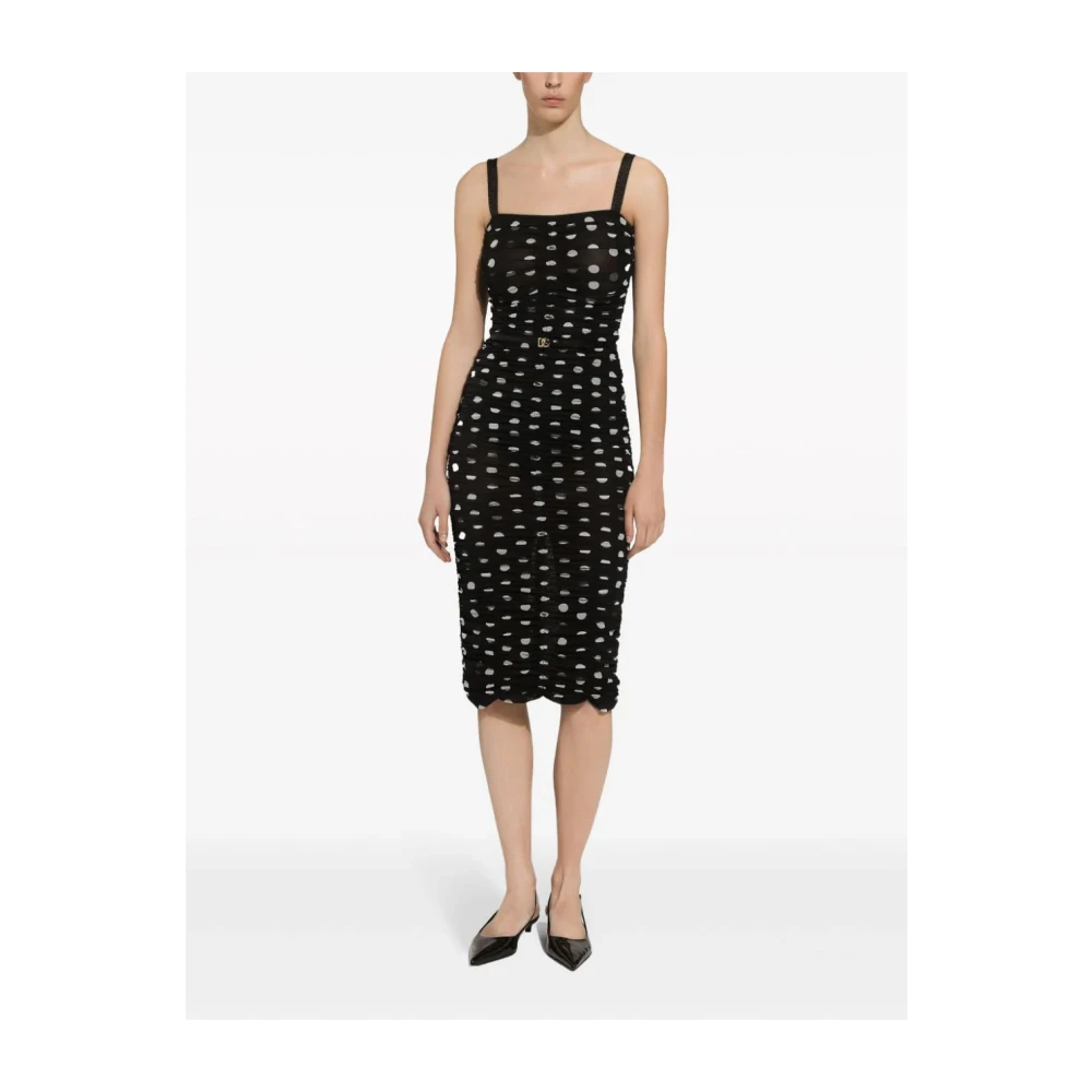 Dolce & Gabbana Polka-dot Midi Jurk met Tule Paneel Black Dames