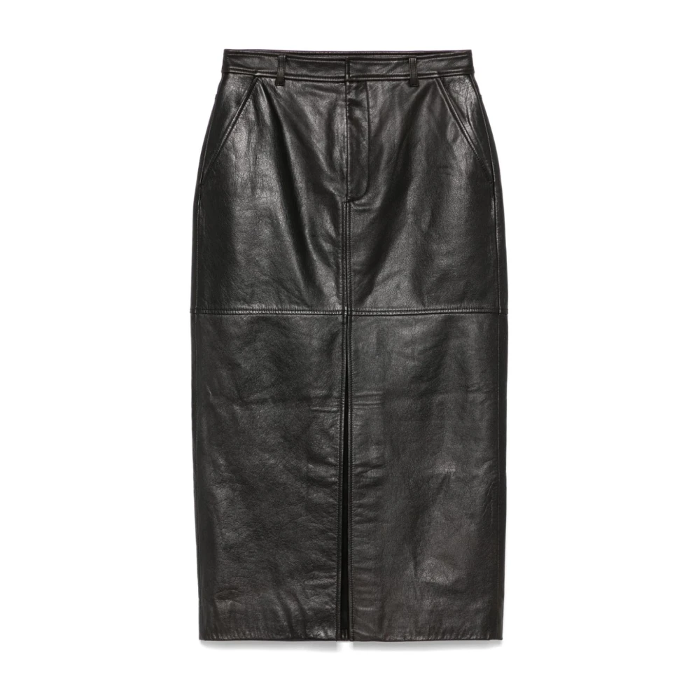 Self Portrait Zwarte Leren Midi Rok Zakken Black Dames