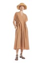 brown-midi-poplin-dress-with-crossed-v-neck