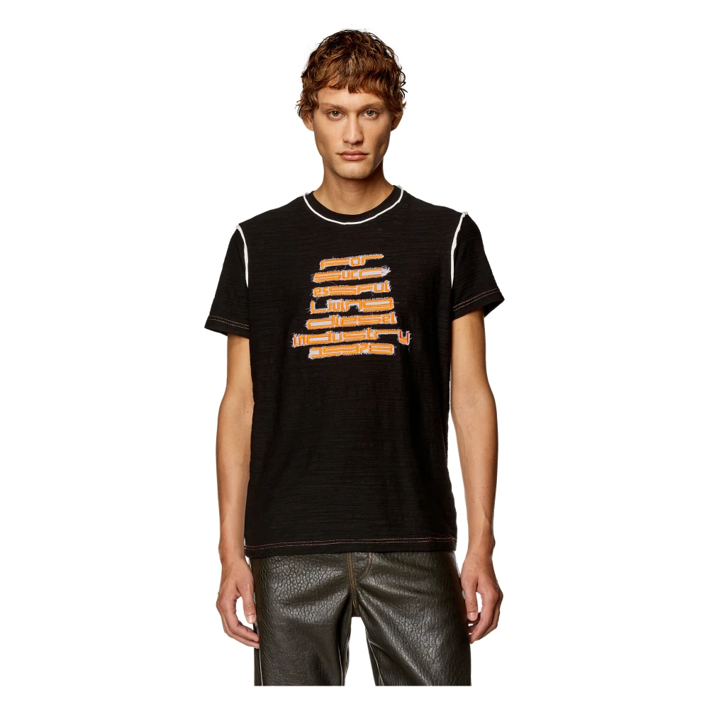 Diesel Logo-embroidered T-shirt in slub cotton Black Heren