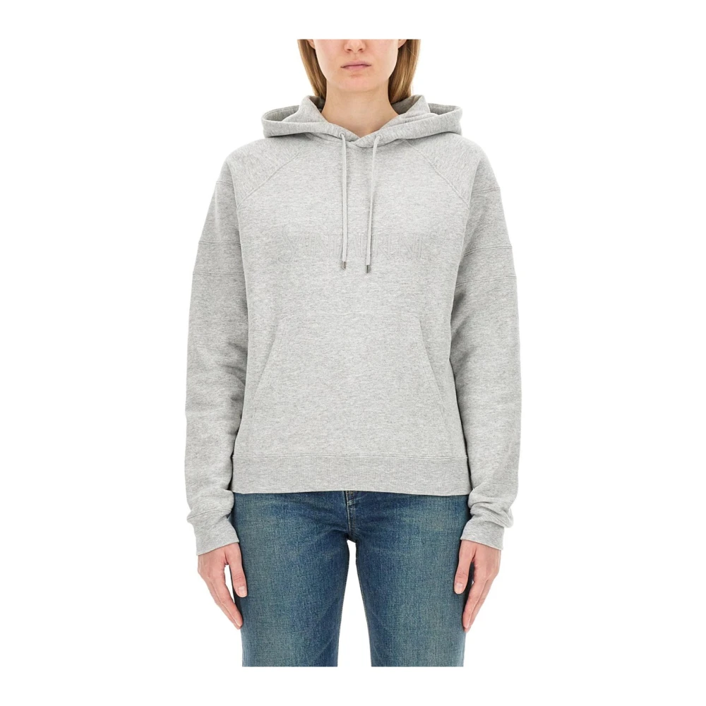 Saint Laurent Women's Gray Embroidered Logo Cotton Hoodie - Hoodies - M - Sweatshirts & Hoodies
