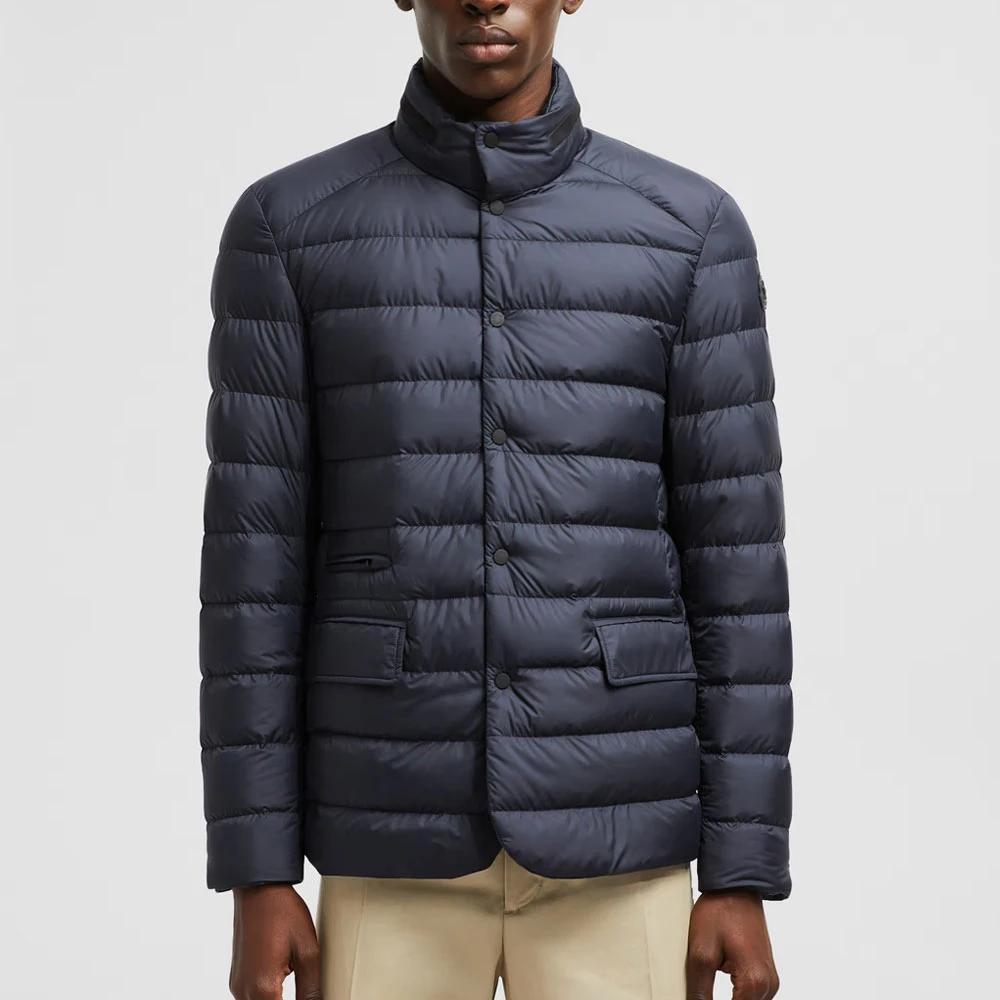 Moncler Navy Leren-afgewerkte Donsjas Blue Heren