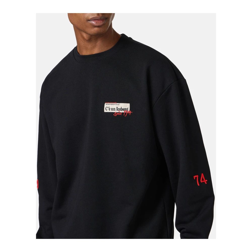 Iceberg Regular fit zwart crew neck sweatshirt van katoen fleece Black Heren