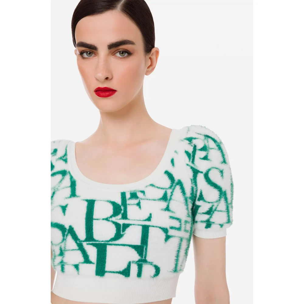 Elisabetta Franchi Crop top met ballonmouwen en lettering Green Dames
