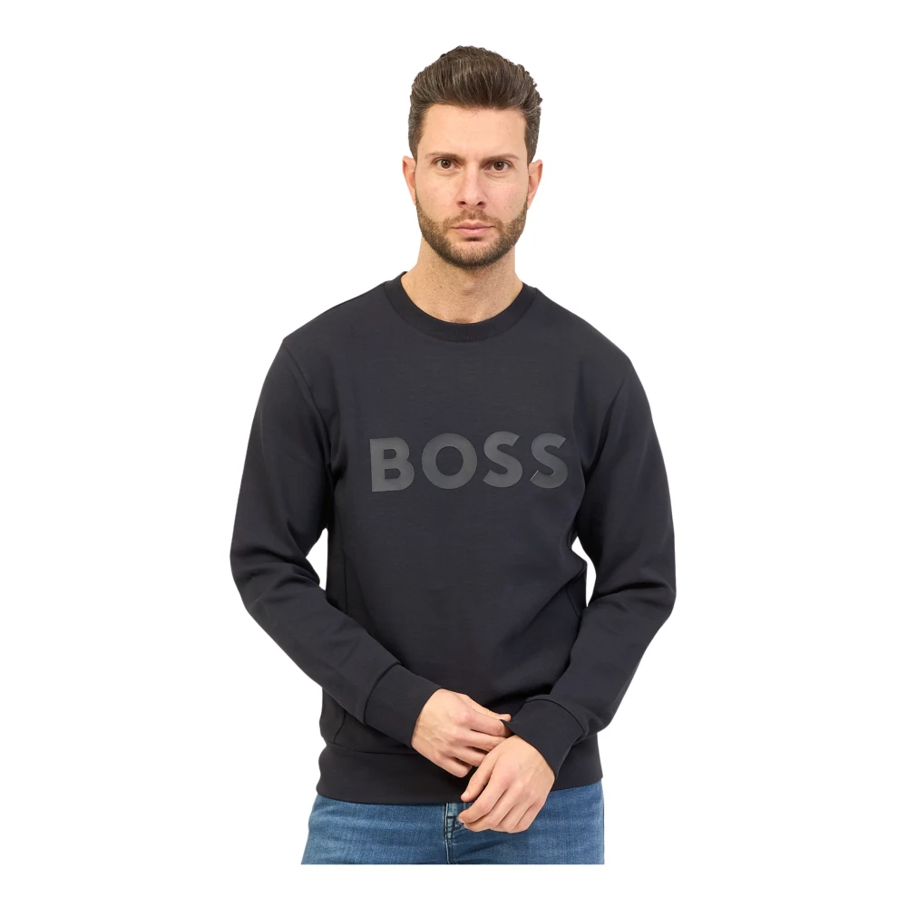 Boss Blauwe Crewneck Sweater Logo Print Blue Heren