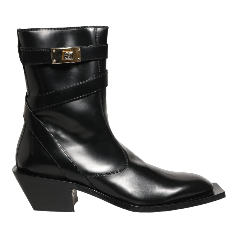 Dolce & Gabbana Men's Black Cowboy & Biker Boots, 10 Uk, Dg Plaque Mid Calf Boots