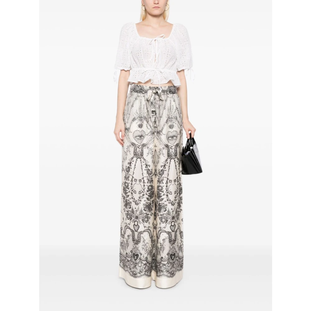 Zimmermann Palazzo Zijden Broek Ivoor Kantprint Multicolor Dames