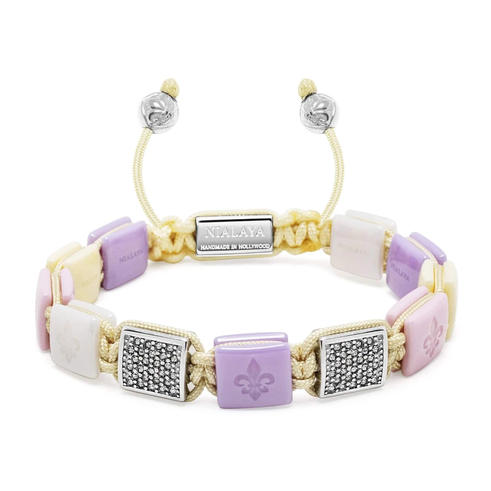 Nialaya Women's Gray White- Cream- Lavender & Soft Pink Ceramic Flatbead Bracelet With Silver Cz - Bracelets - L - Accessories