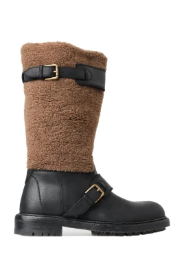 Lyx Shearling Läder Långa Stövlar