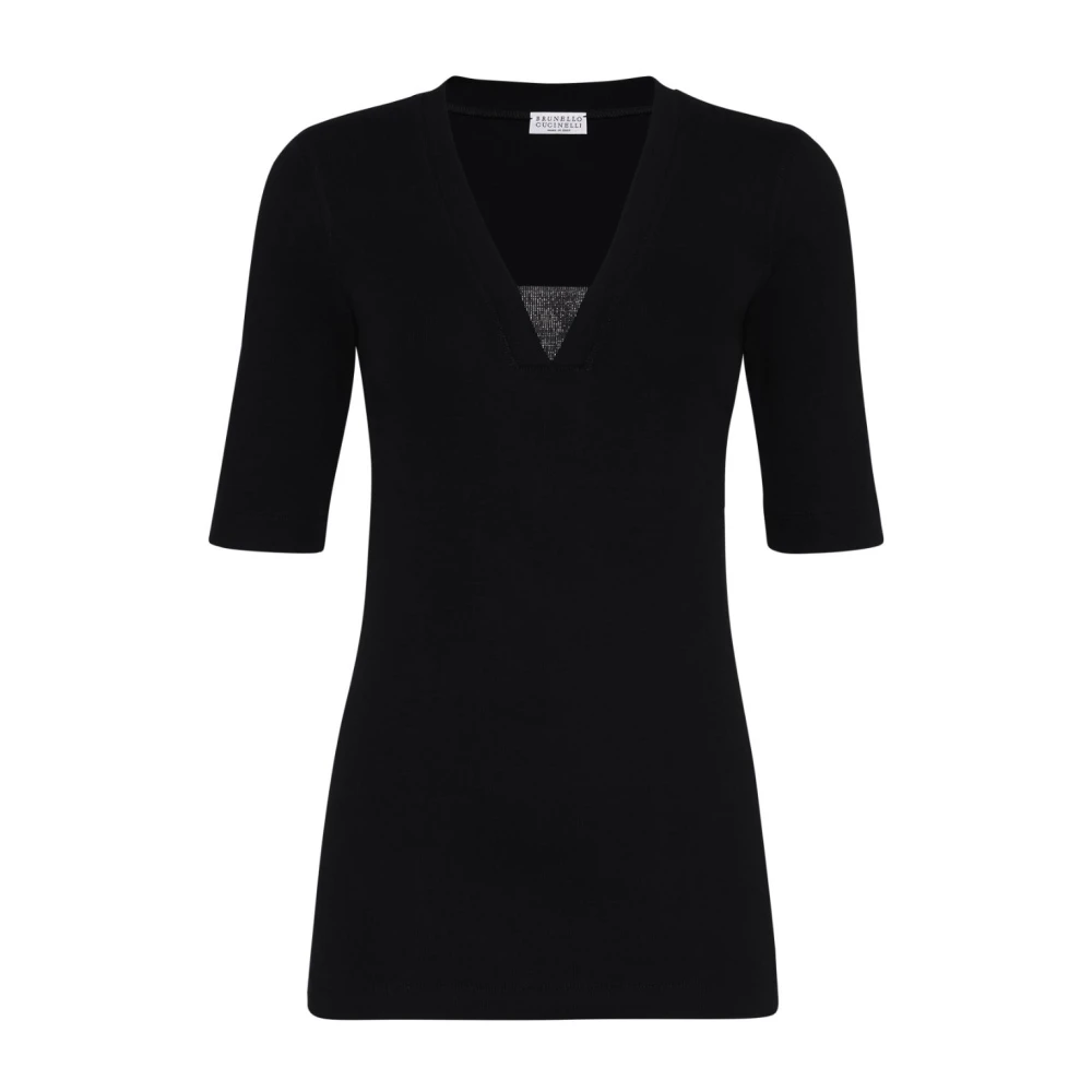 BRUNELLO CUCINELLI Zwart V-hals T-shirt en Polo Black Dames