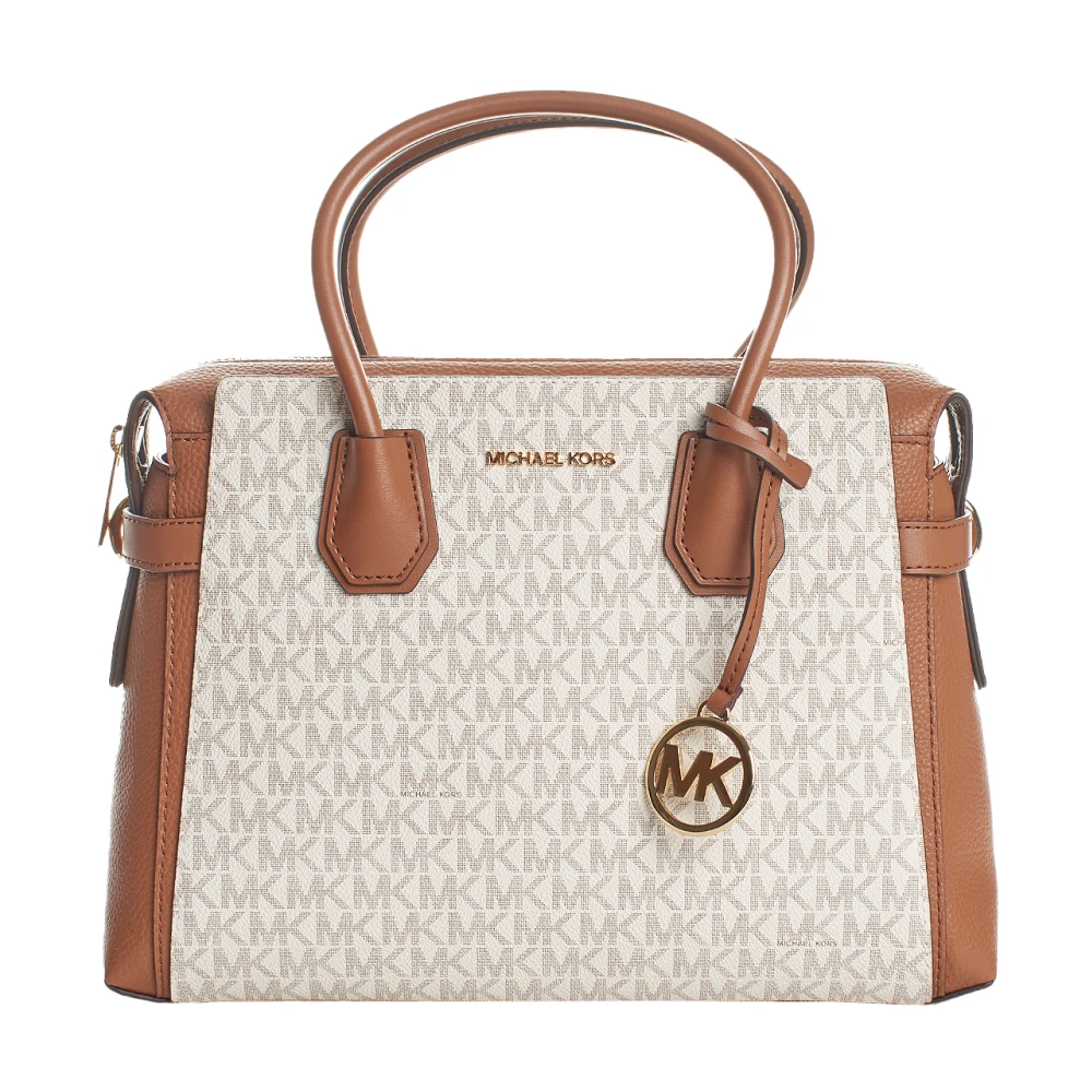 Michael Kors Women's Beige Handbags, One Size, Mercer Medium Signature Logo And Leather Belted Satchel