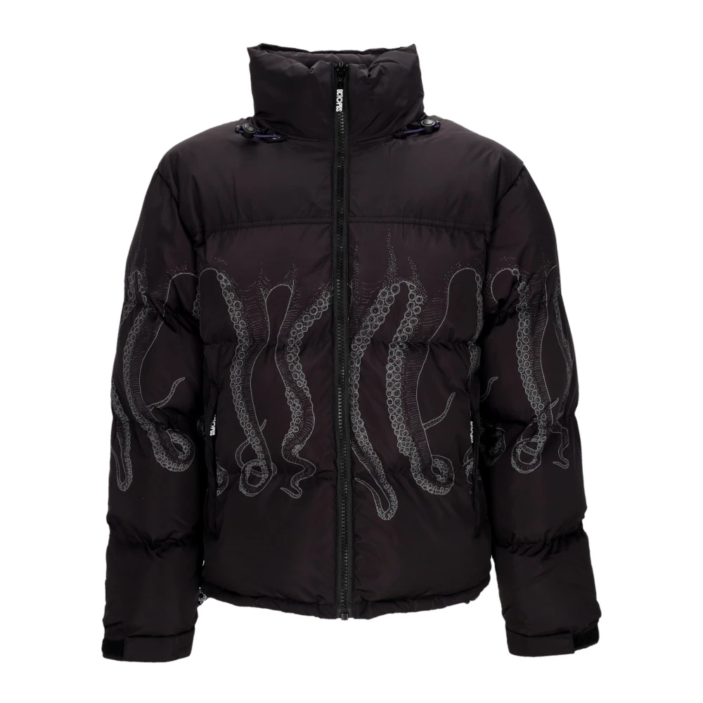 Octopus Zwarte gewatteerde jas met capuchon Black Heren