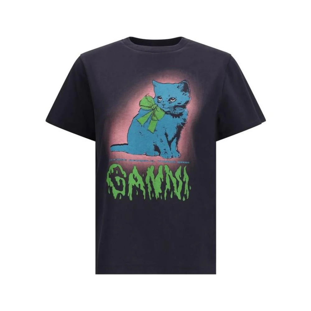 Ganni Black T-Shirts, Female, Xs, Kitty Graphic Print Tee