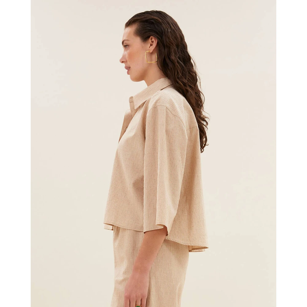 By-Bar Lurex Streep Korte Mouw Blouse Beige Dames