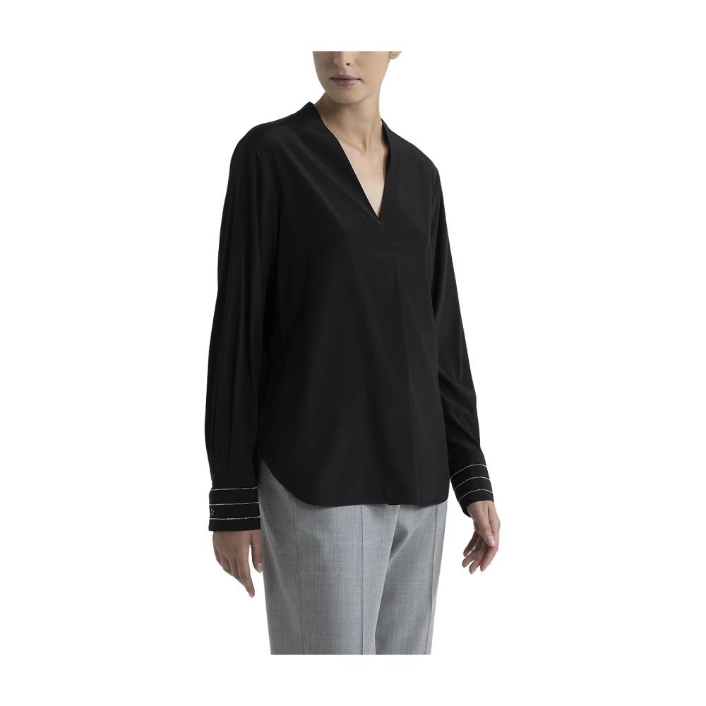 Peserico V-ringad silke crepe de chine blus Black, Dam