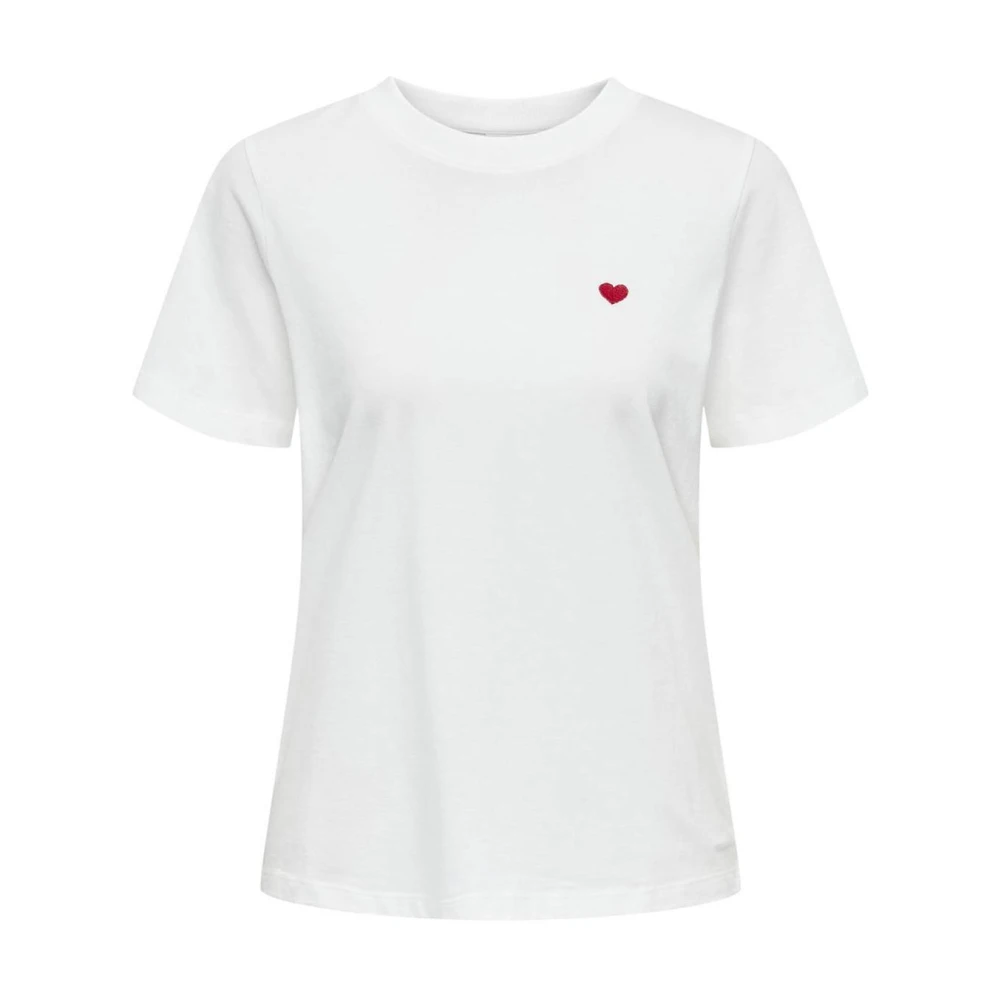 Jacqueline De Yong Women's White Heart Embroidered Tee Short Sleeve Crew Neck