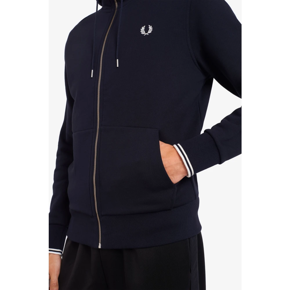 Fred Perry Navy Hooded Sweatshirt met Rits Blue Heren