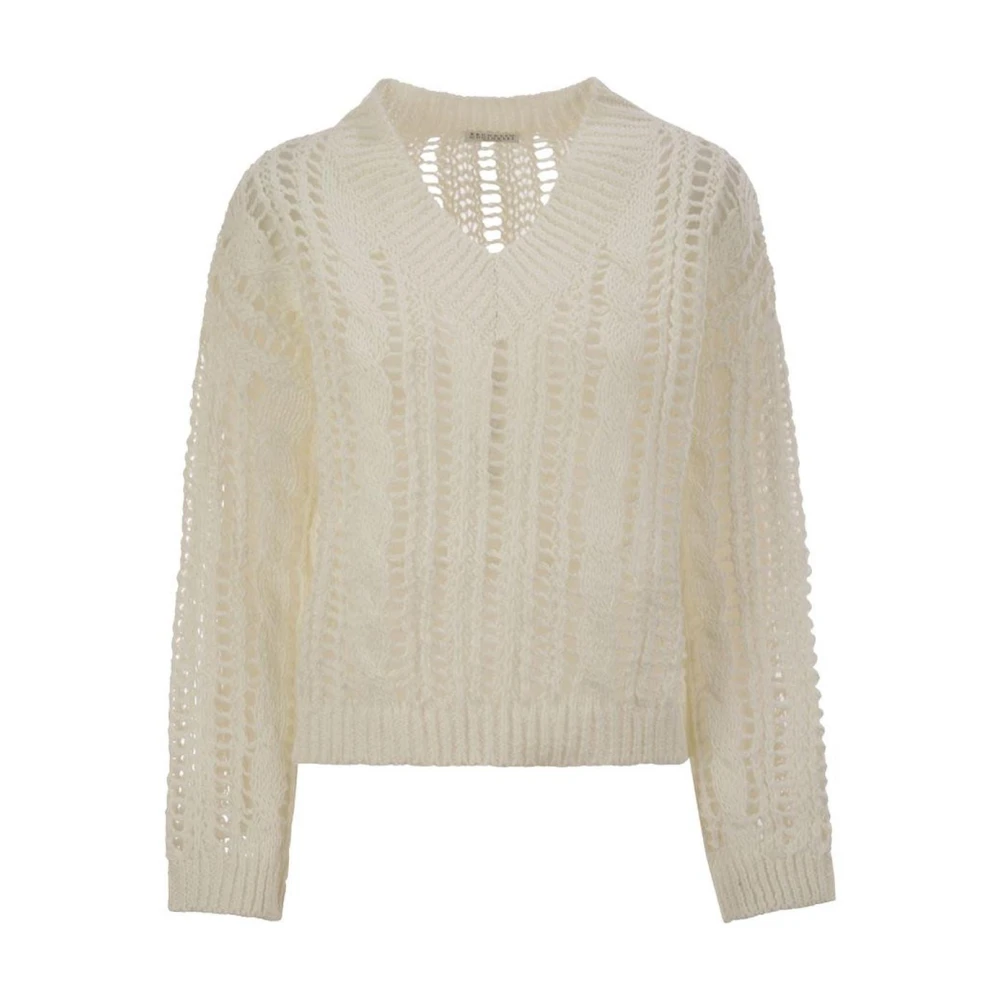 Brunello Cucinelli Beige V-Neck Knitwear, Female, M, V-Neck Open Knit Jumper