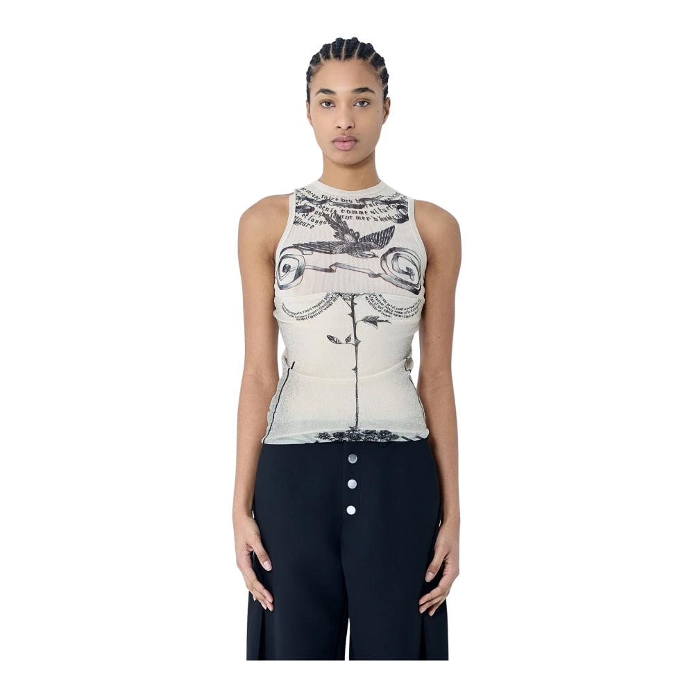 Jean Paul Gaultier Tattoo Rose & Bird Print Tank Top Beige Dames