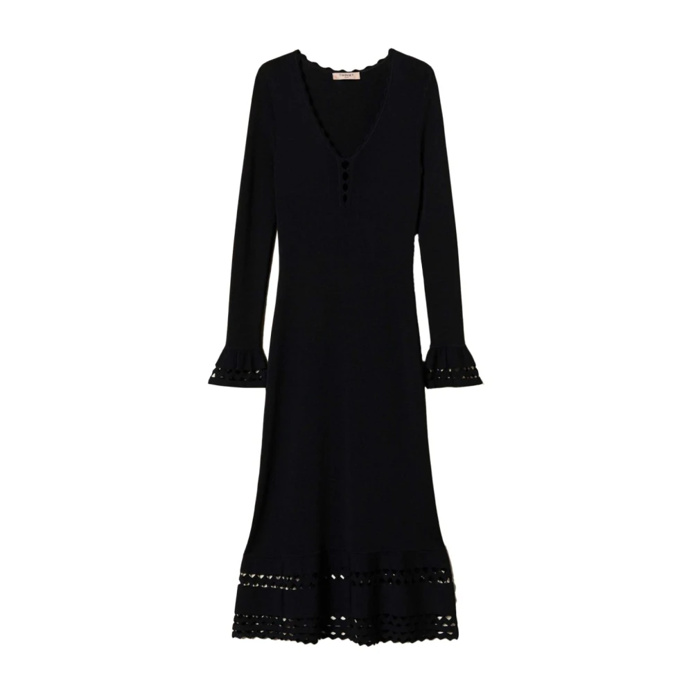 Twinset Zwarte V-hals Jurk met Wijduitlopende Mouwen Black Dames