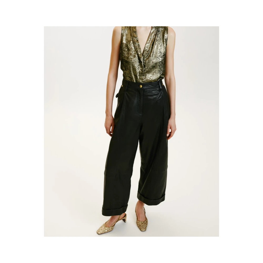 Momoni Wijde leren broek met zakken Black Dames