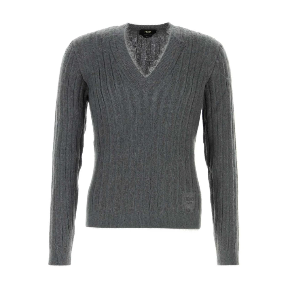 Fendi Men's Gray V-Neck Ribbed Jumper - V-Neck Knitwear - L - Knitwear