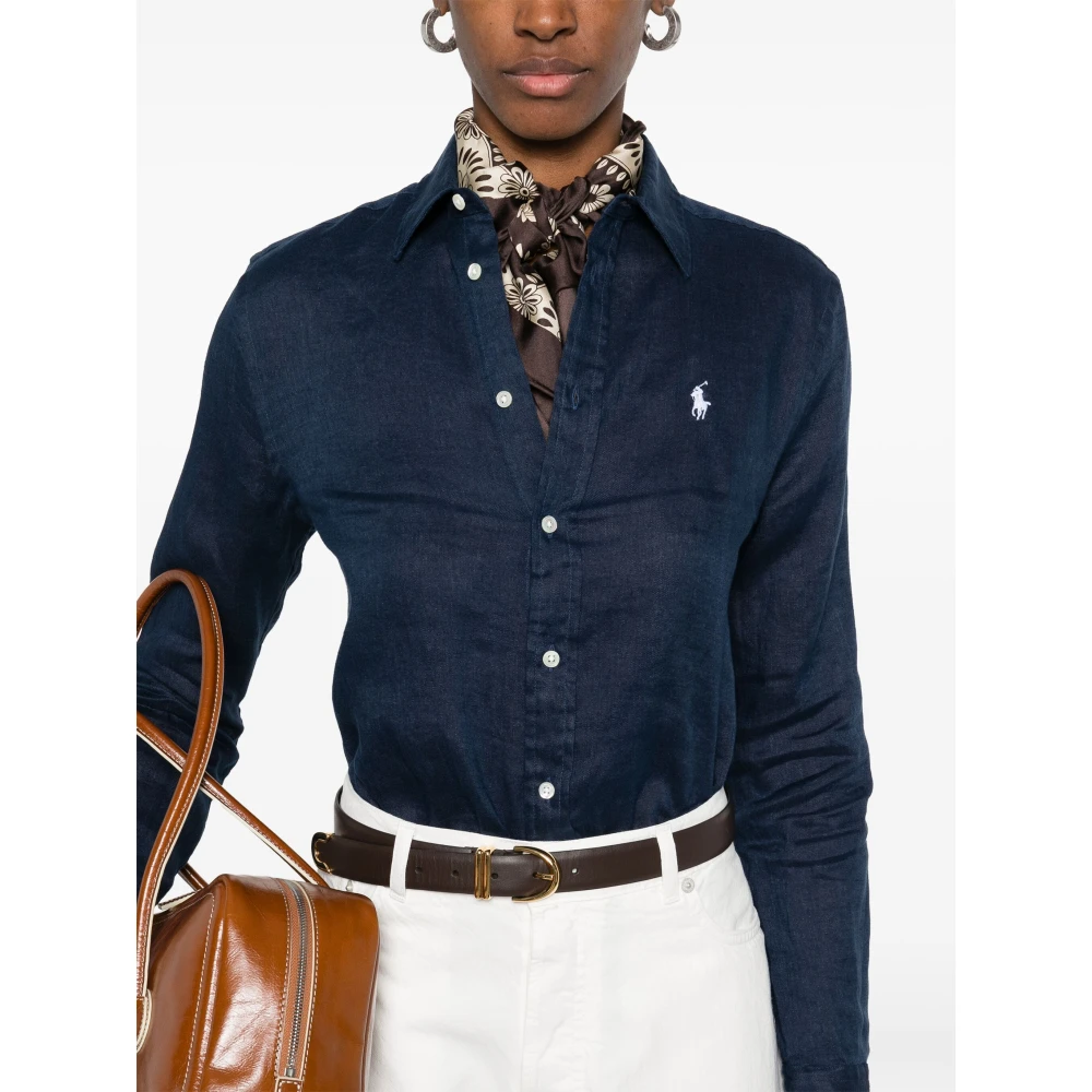 Polo Ralph Lauren Blauw linnen overhemd met geborduurde pony Blue Dames