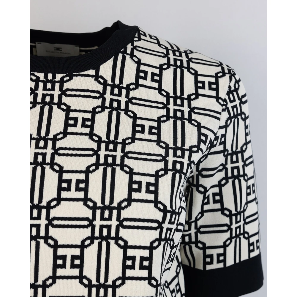 Elisabetta Franchi Zwarte Logo Jacquard Trui Korte Mouw Black Dames