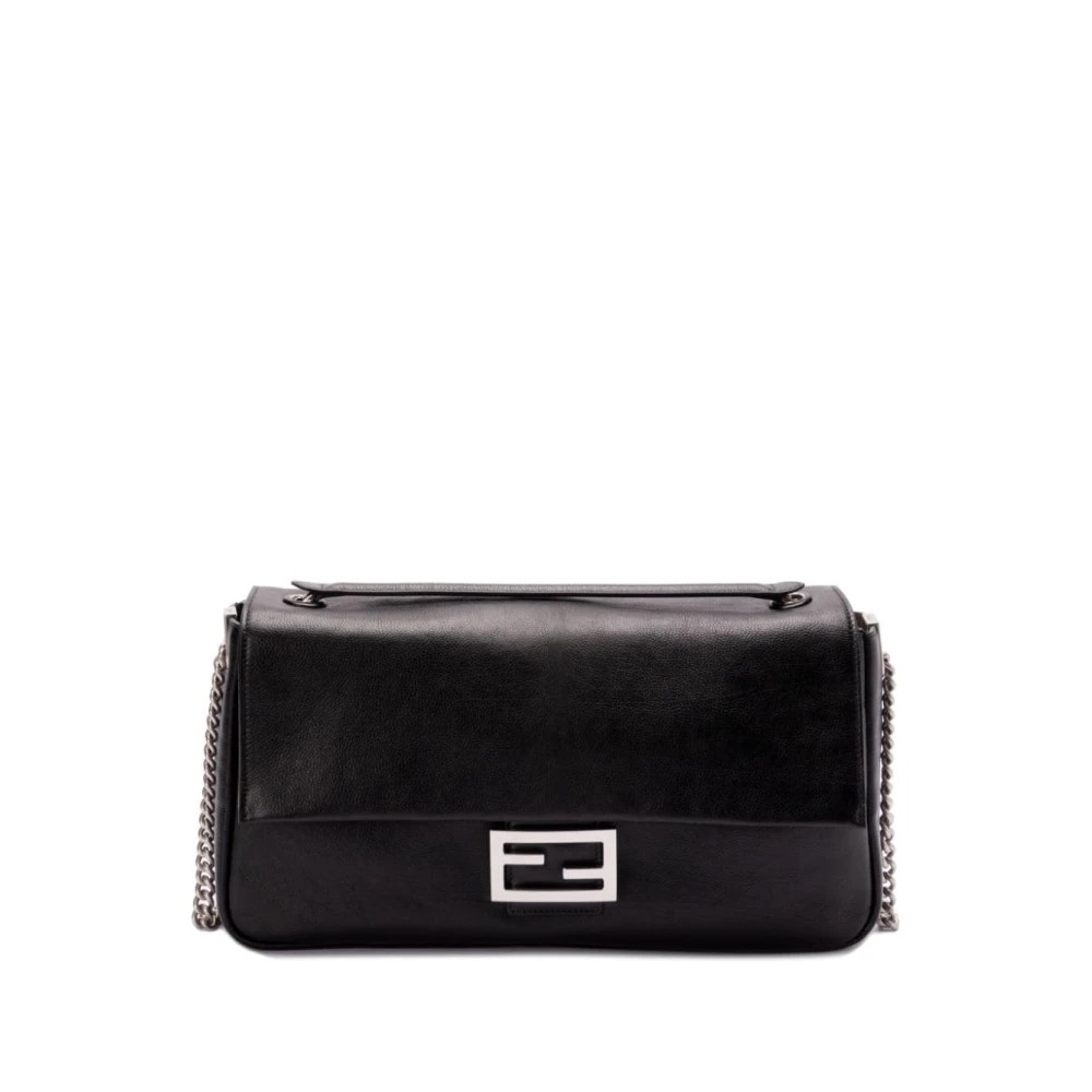 Fendi Zwarte leren schoudertas met zilveren hardware Black Dames