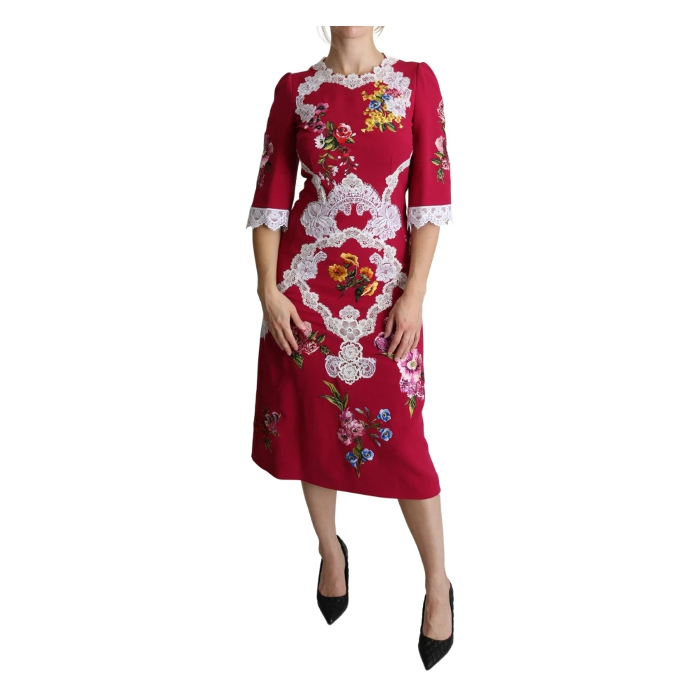 Dolce & Gabbana Röd Blommig Broderad Sheath Midi Klänning Multicolor, Dam