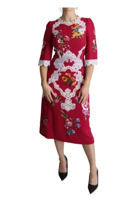 Röd Blommig Broderad Sheath Midi Klänning