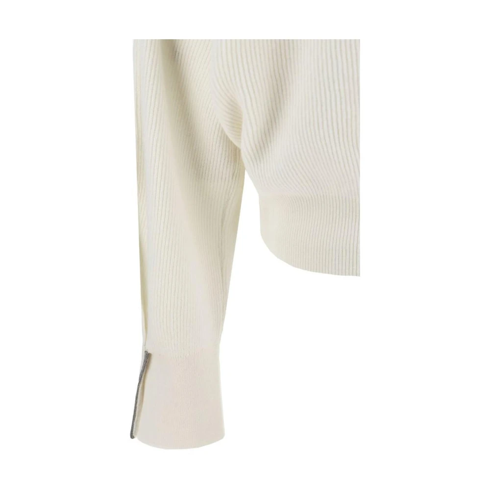 BRUNELLO CUCINELLI Geribbelde V-hals Kasjmier Trui White Dames