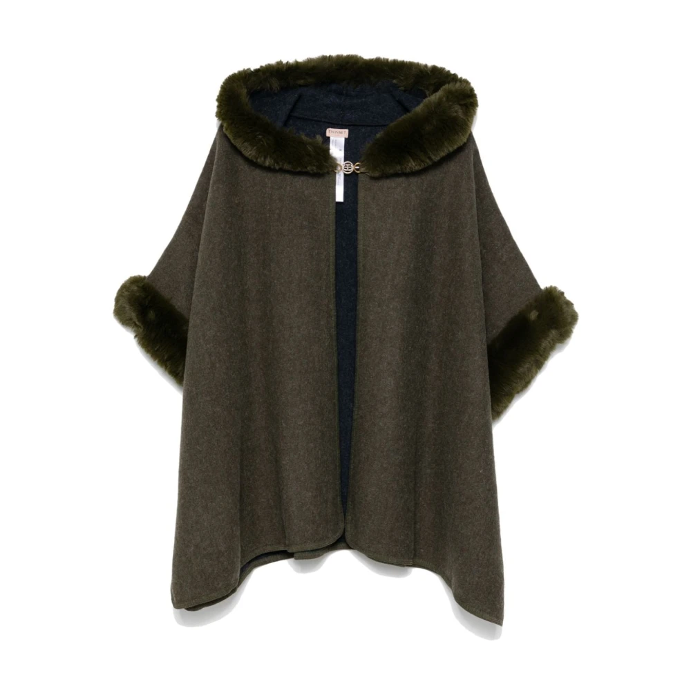 Twinset Grön Cape Coat med Faux-Fur Trim Green, Dam