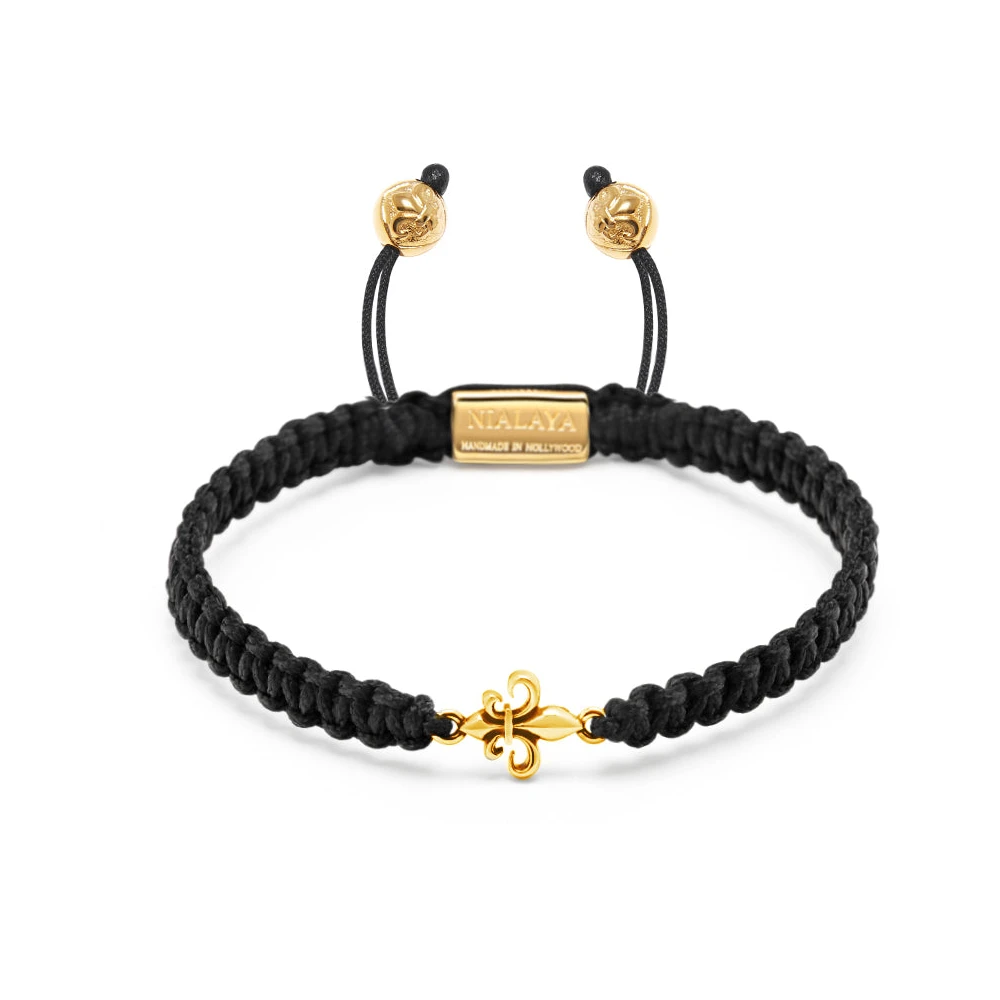 Nialaya Men's Black String Bracelet with Gold Fleur De Lis Black, Herr