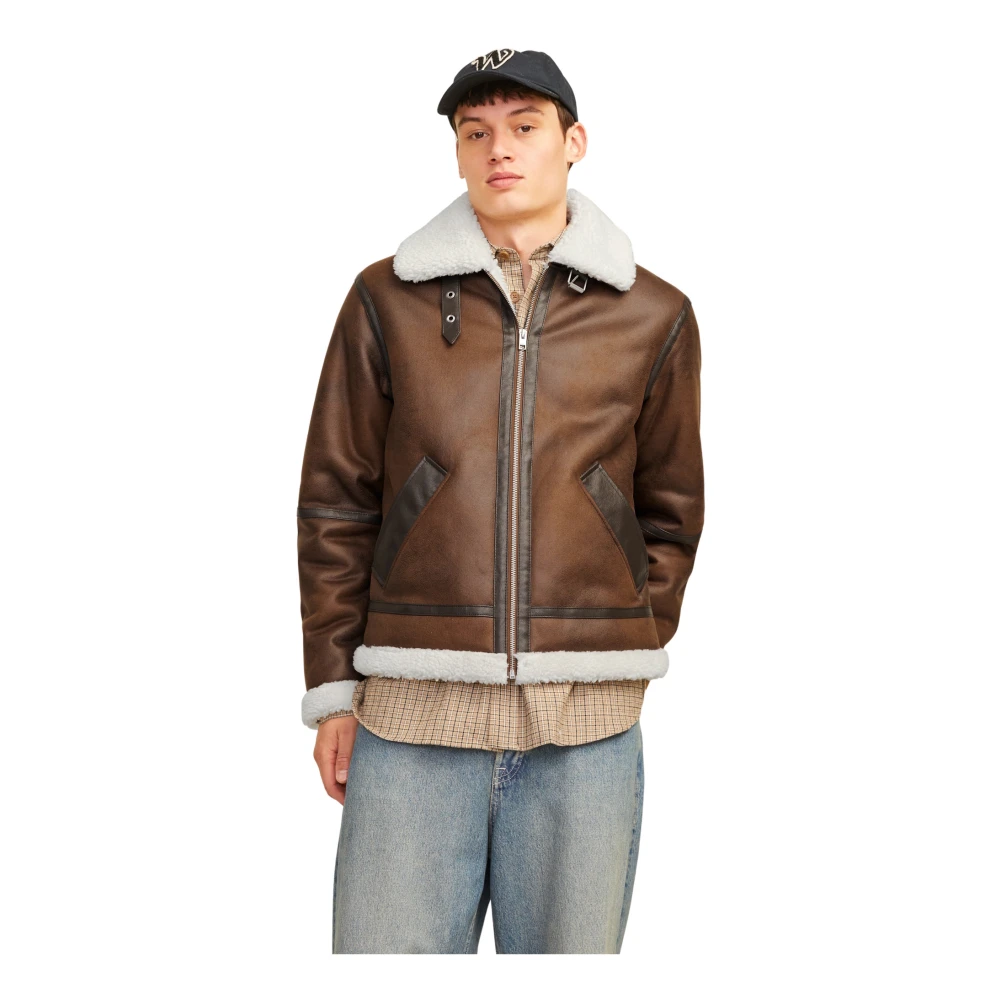 jack & jones Aviator Leren Jas met Teddy Fleece Brown Heren