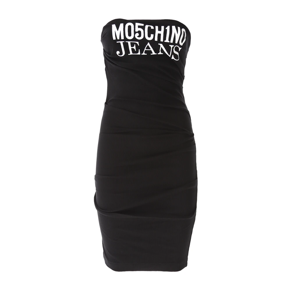 Moschino Svart Logo Print Axelbandslös Klänning Black, Dam