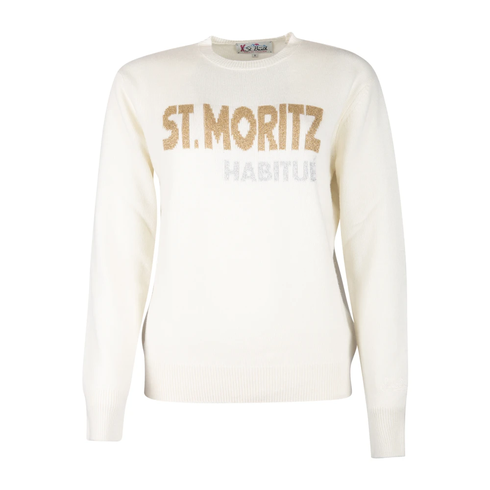 MC2 Saint Barth Witte Crew Neck Sweater met Gouden Tekst White Dames