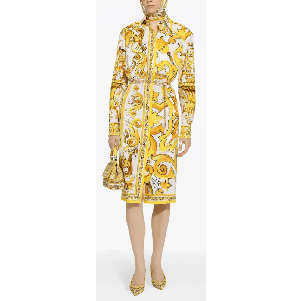 Dolce & Gabbana Majolica Print Katoenen Overhemdjurk Yellow Dames