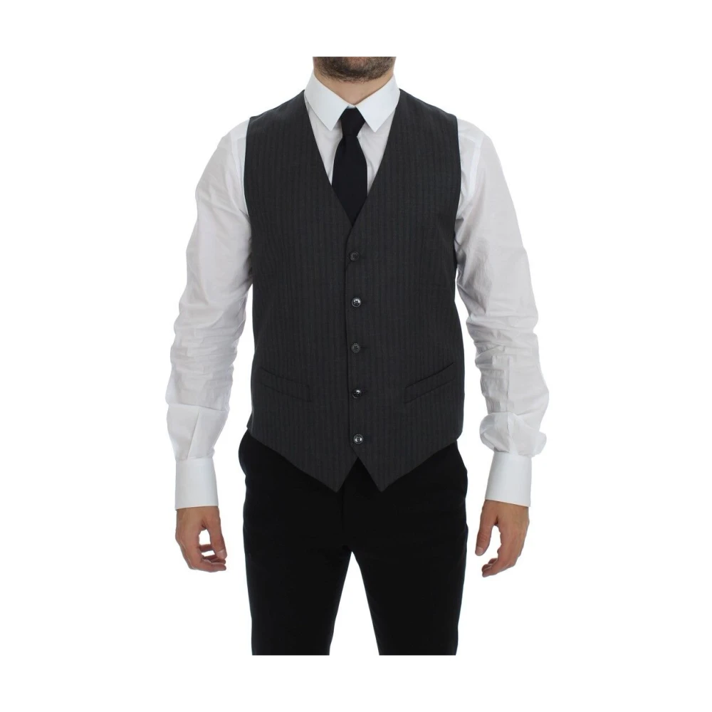 Dolce & Gabbana Elegante Grijze Gestreepte Wollen Jurk Vest Gray Heren