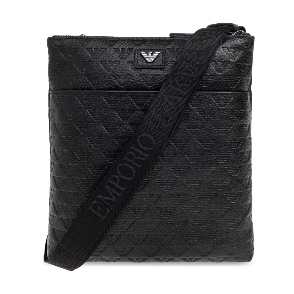 Emporio Armani Svart Platt Axelväska I Läder Med Allover-Präglad Örn