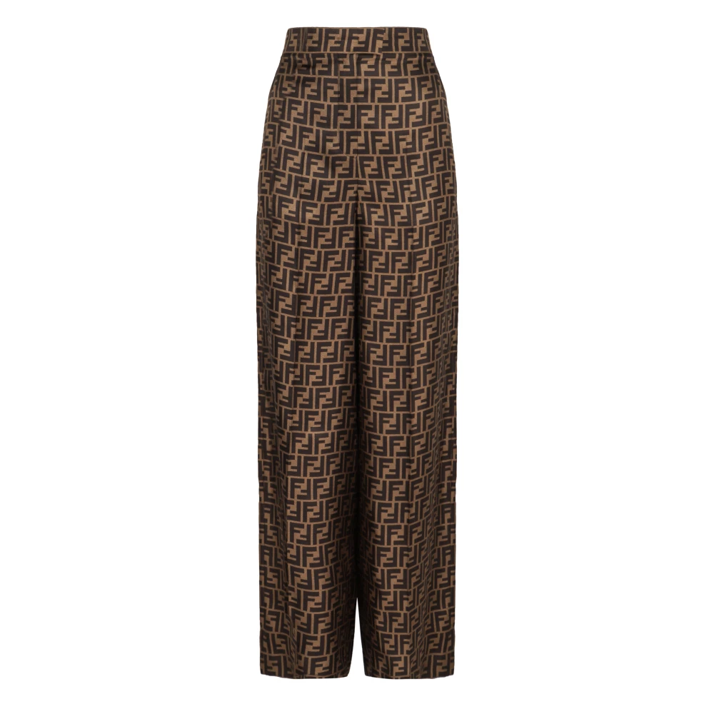 Fendi Silk Trousers With All Over Motif - Female - Wide Trousers - Brown - S - Trousers