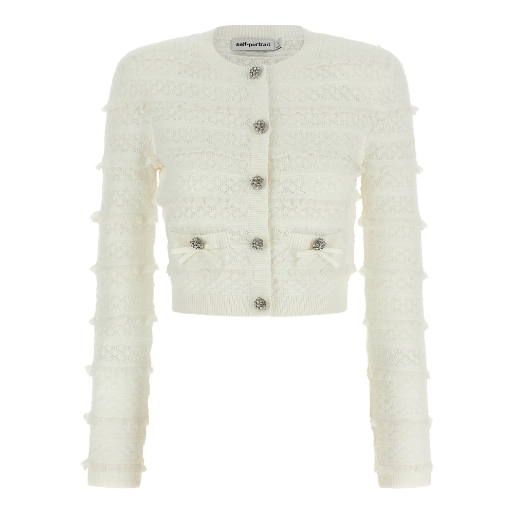 Self Portrait Women's White Tweed Jackets, M, Pointelle Diamante Cardigan
