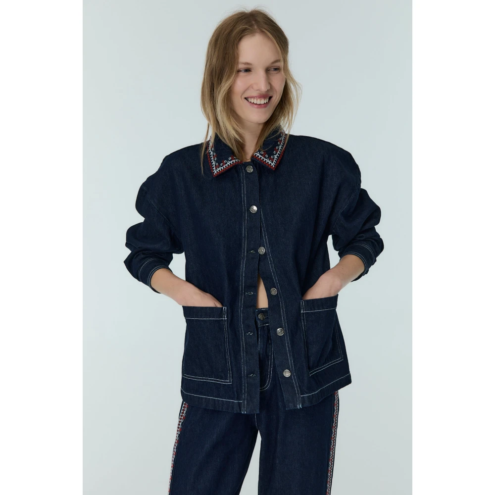 The New Society Denim Overshirt met Borduursel Blue Dames