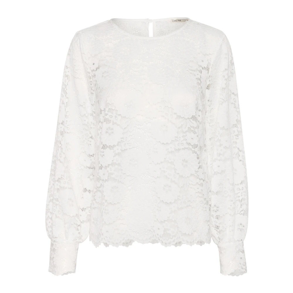 Cream Women's White Blouses, S, Lace Blouse With Puff Sleeves