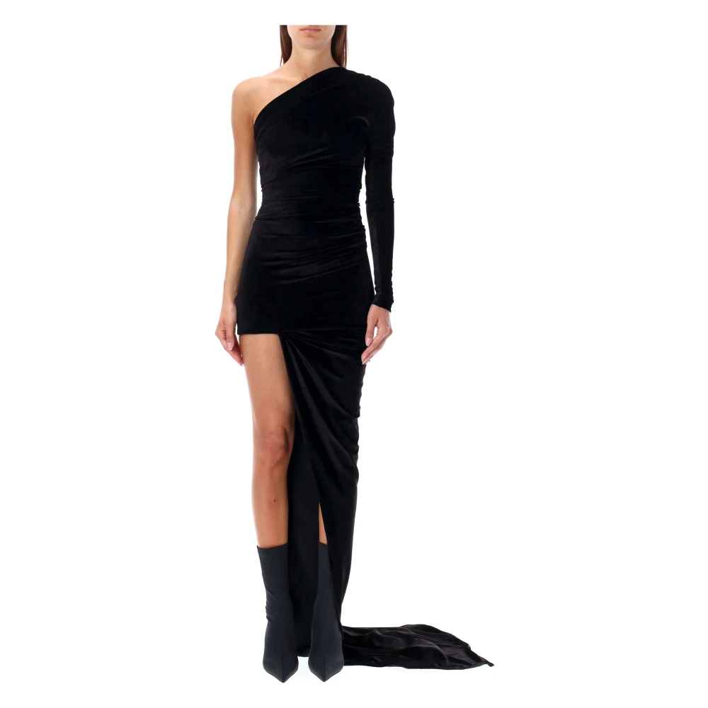 Balenciaga Zwart Fluweel Asymmetrisch One-Shoulder Maxi Jurk Black Dames