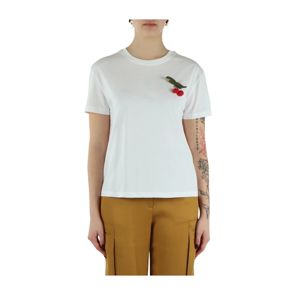 Twinset Women's White T-Shirts, Xs, Jersey T-Shirt With Detachable Cherry Brooch